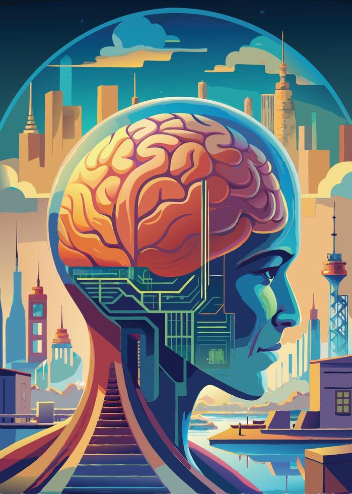 art of Human brain drawing Abstract minimal flat art vector