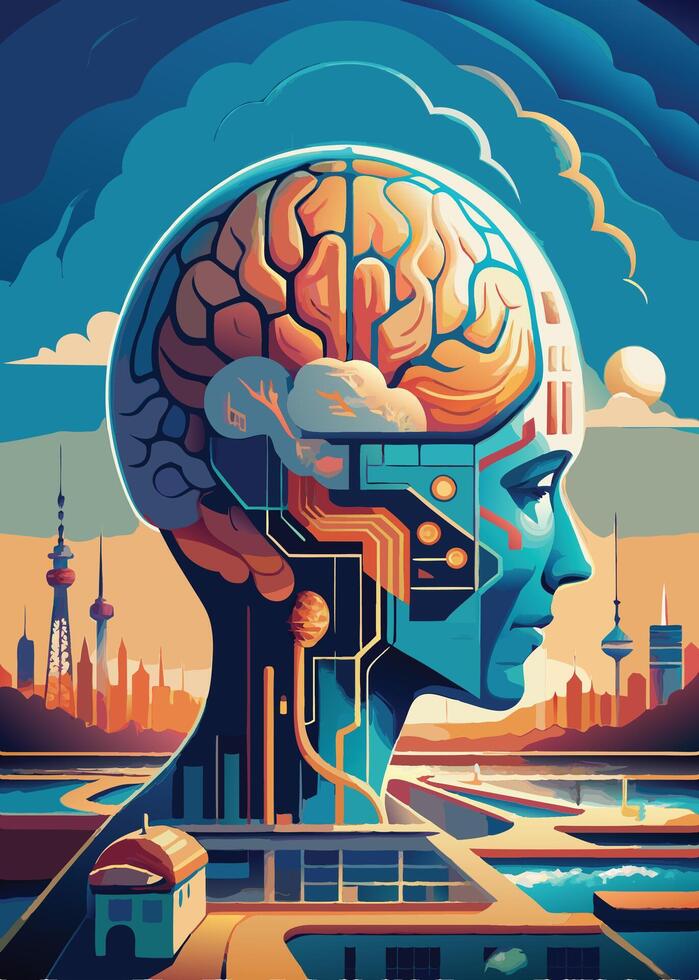 art of Human brain drawing Abstract minimal flat art vector