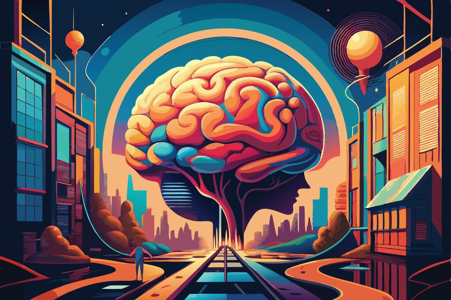 art of Human brain drawing Abstract minimal flat art vector