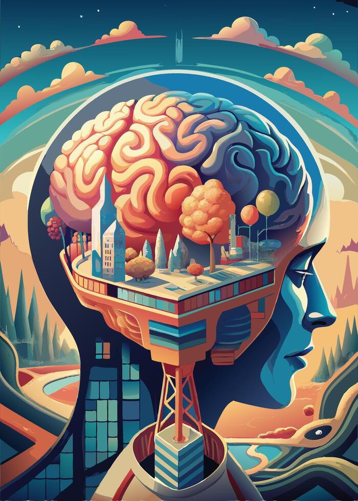 art of Human brain drawing Abstract minimal flat art vector