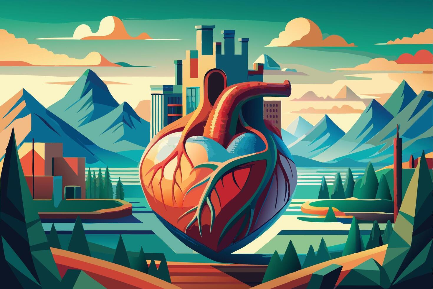 art of Human heart drawing Abstract minimal flat art vector