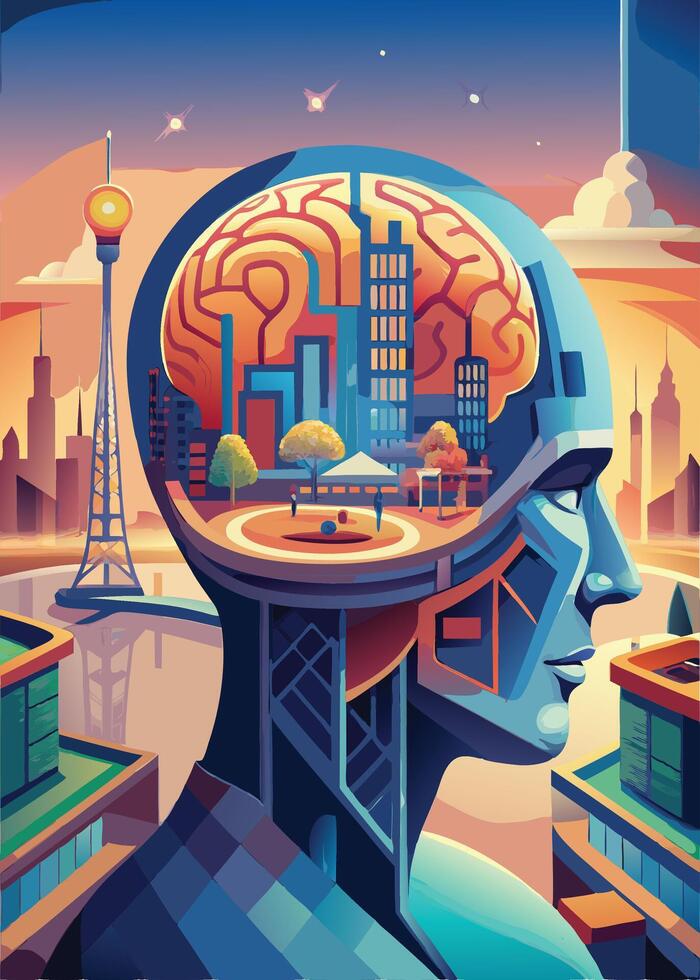 art of Human brain drawing Abstract minimal flat art vector