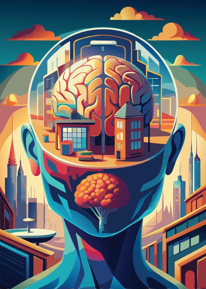 art of Human brain drawing Abstract minimal flat art vector