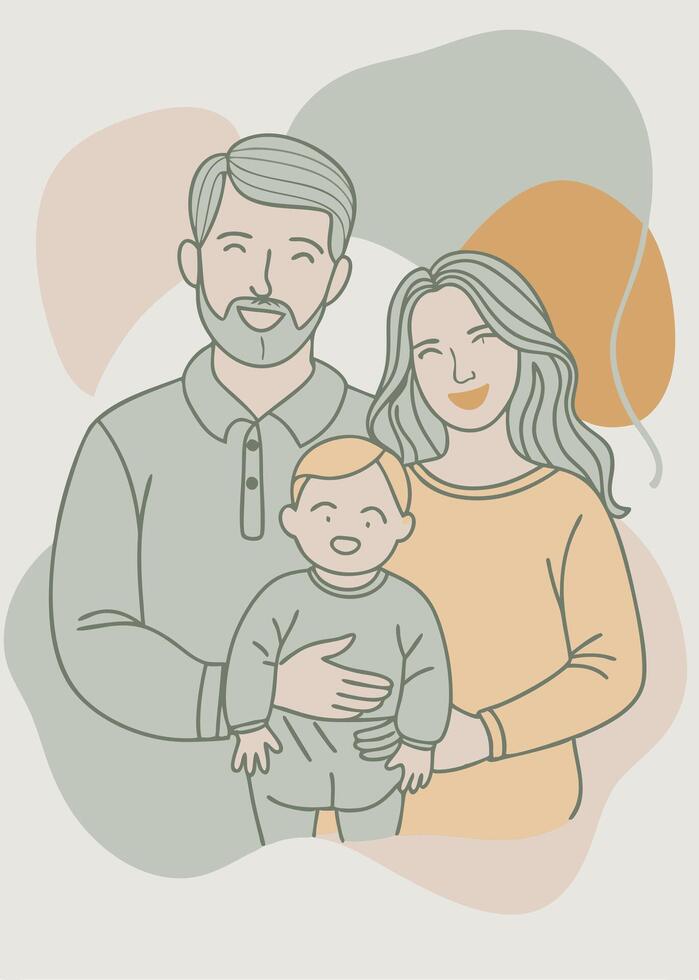 Happy family drawing Abstract minimal continuous line wall decor vector