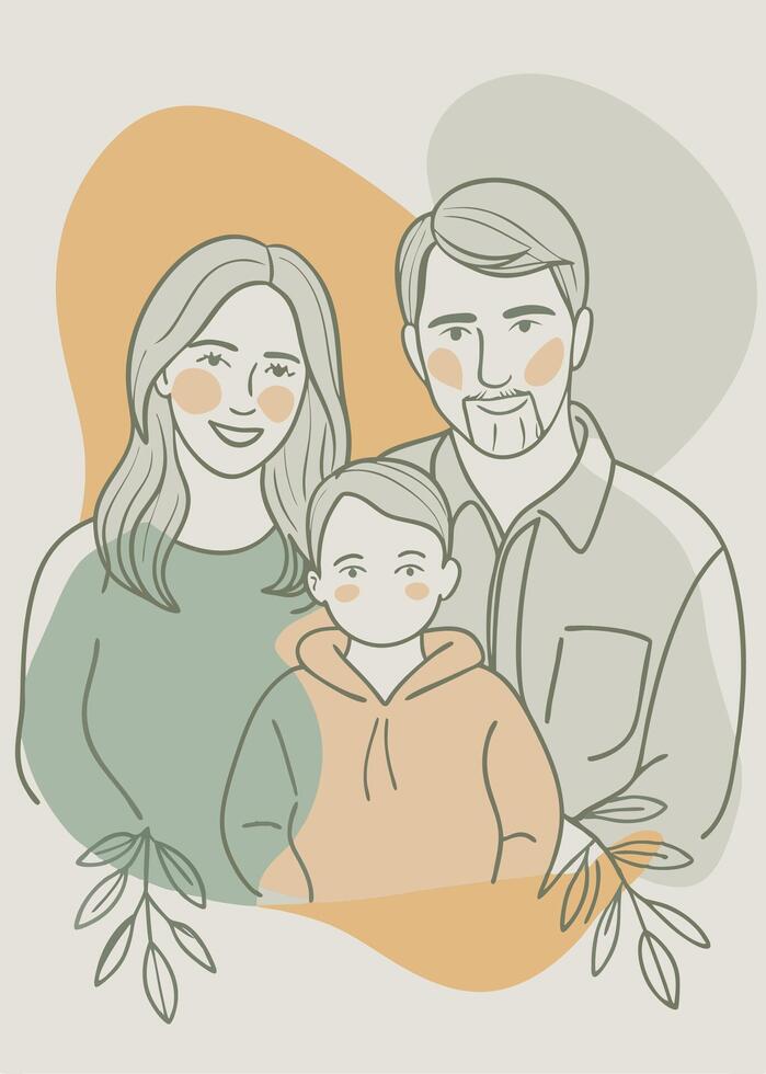 Happy family drawing Abstract minimal continuous line wall decor vector