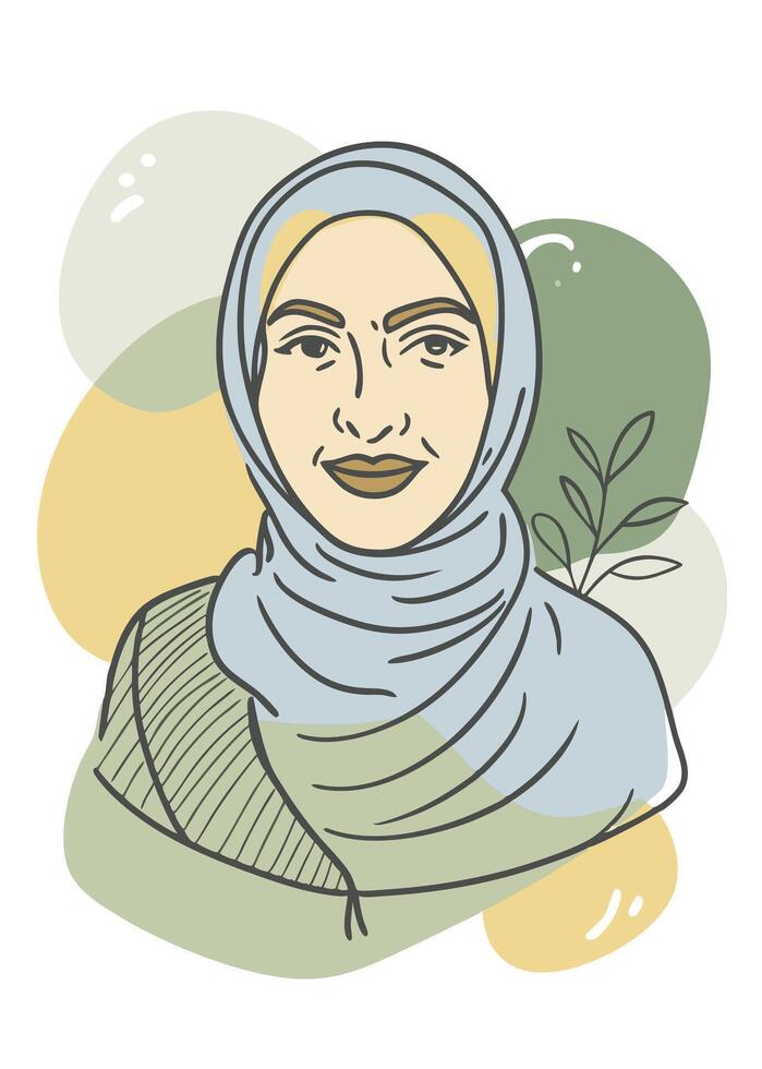 Hijabi women drawing Abstract minimal continuous line wall decor vector