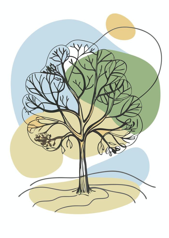 One line art of Tree drawing Abstract minimal continuous line art wall decor vector