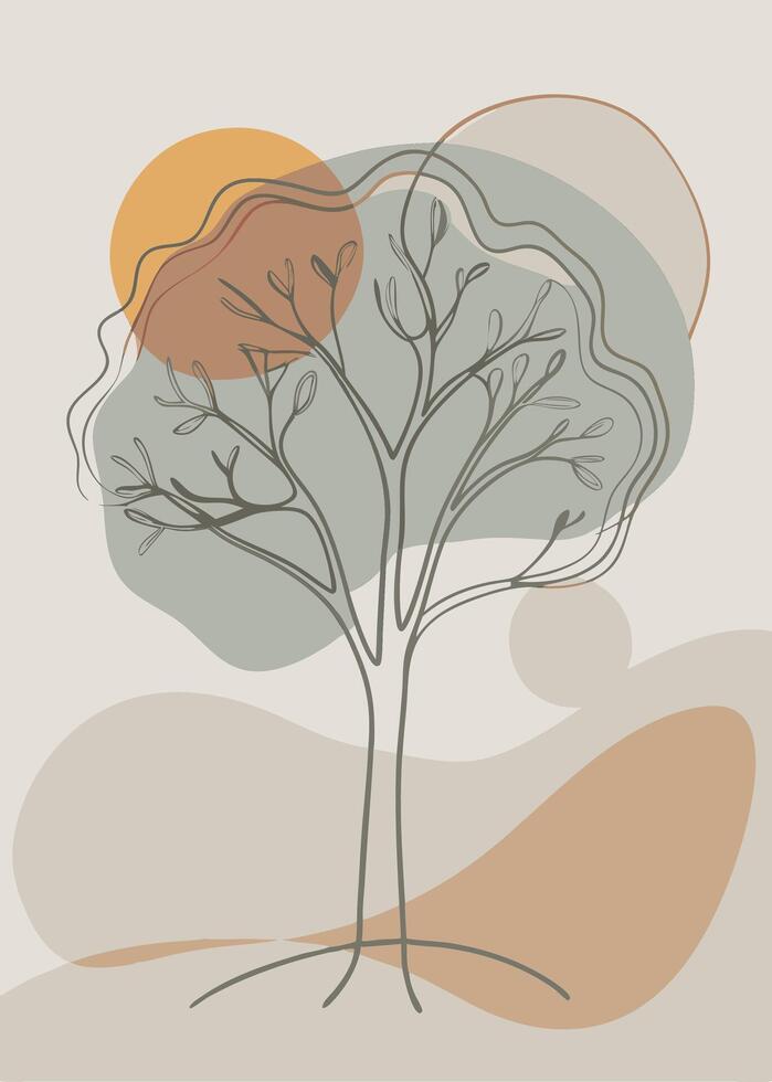 One line art of Tree drawing Abstract minimal continuous line art wall decor vector