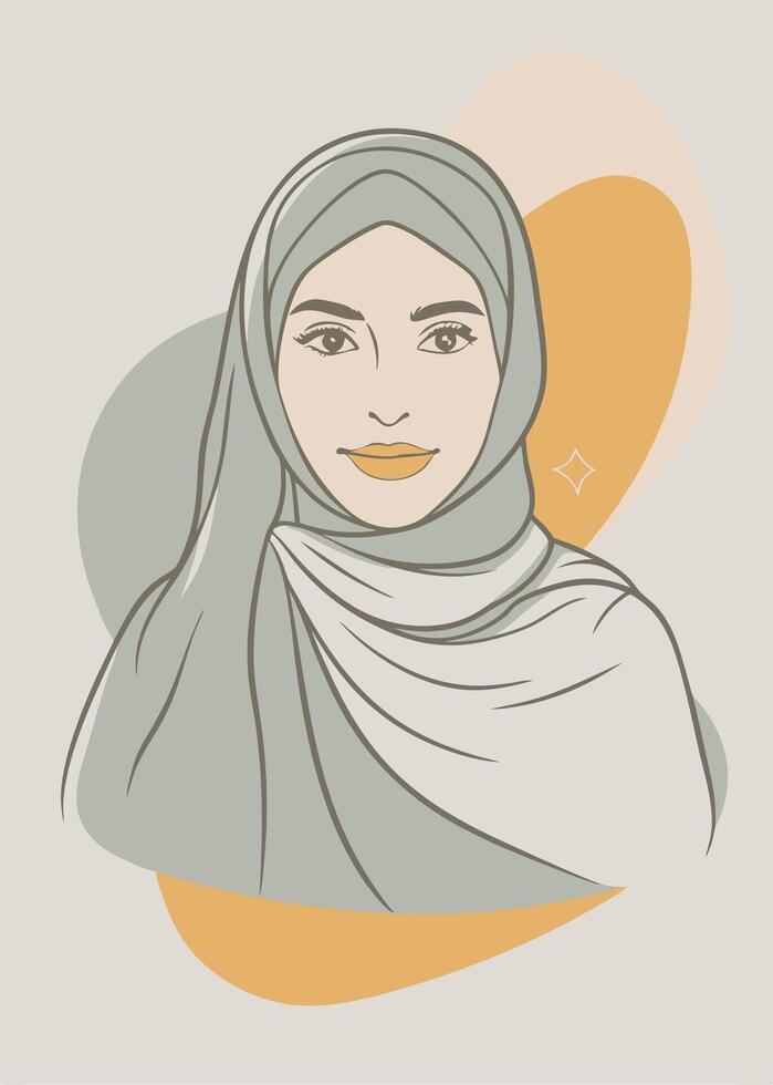 Hijabi women drawing Abstract minimal continuous line wall decor vector