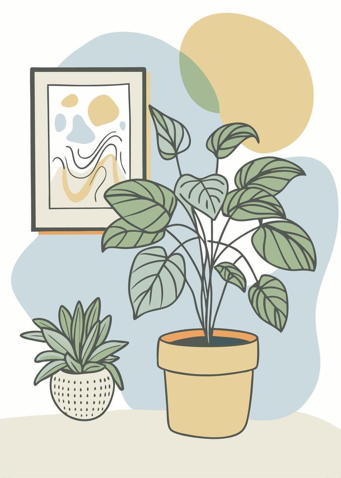Indoor plant Abstract minimal continuous line wall decor vector