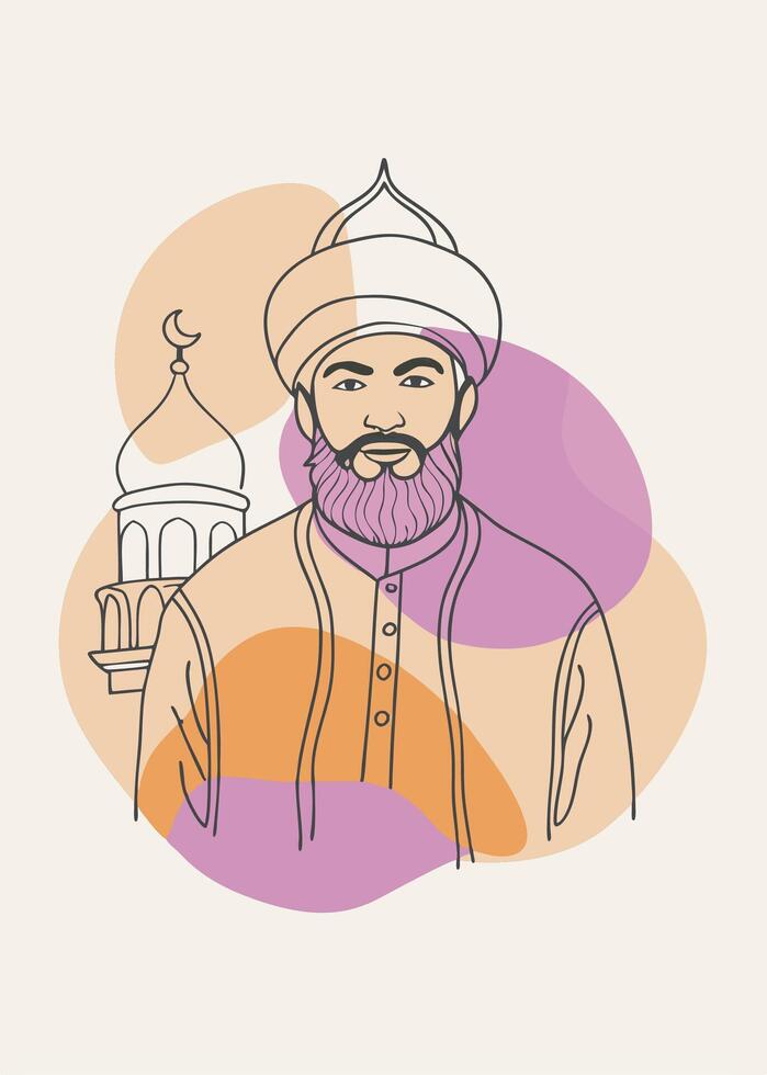 Muslim drawing Abstract minimal islamic continuous line art vector