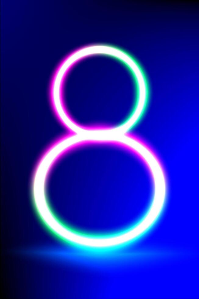 The number 8 is a bright neon light. vector