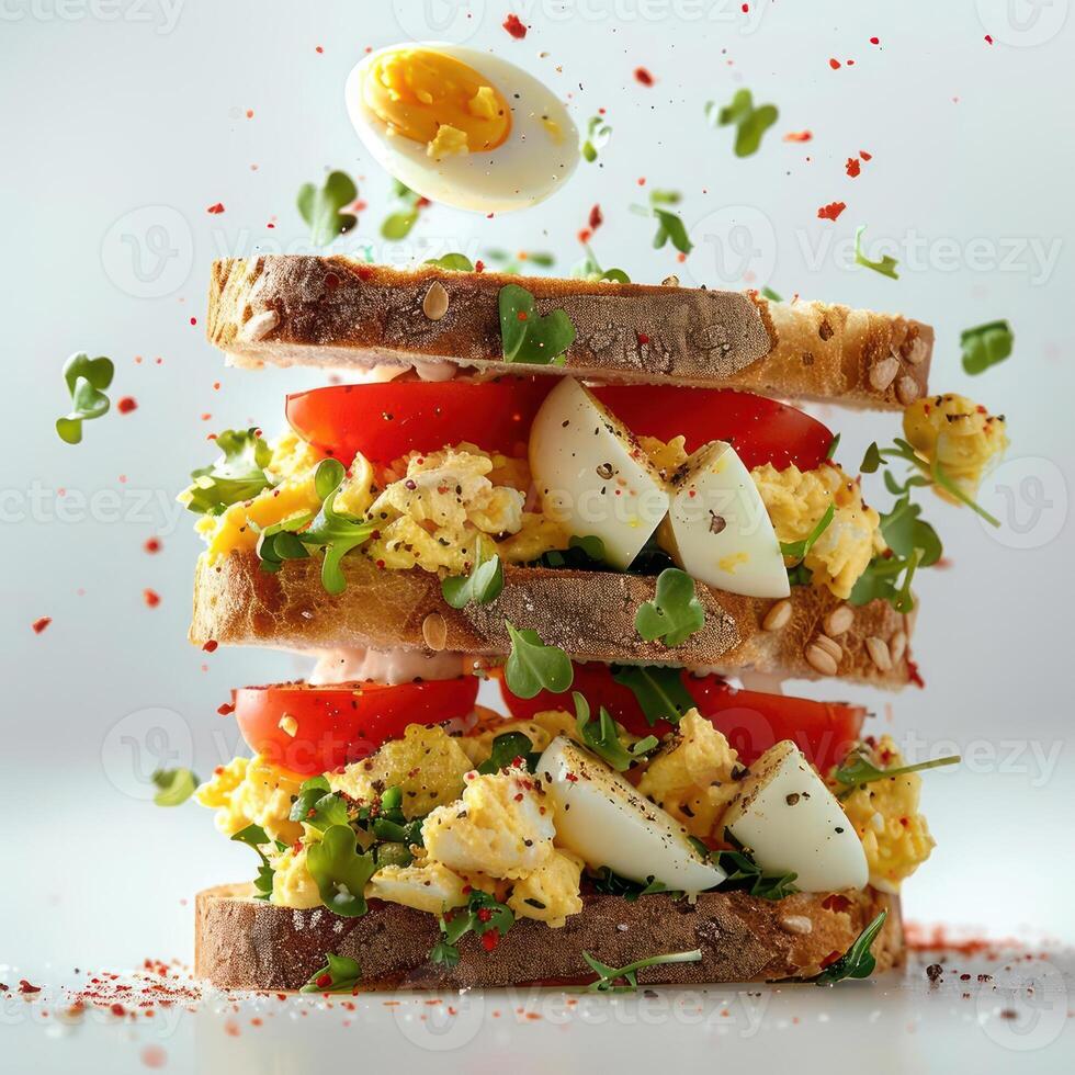 a stack of toasted sandwiches topped with eggs and vegetables photo