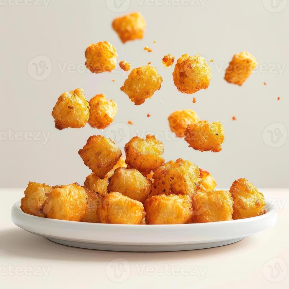 a white plate topped with tater tots on top of a table photo