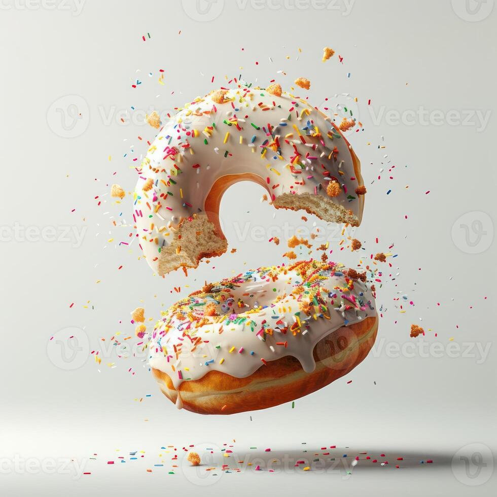 a donut with white frosting and sprinkles is in the air photo