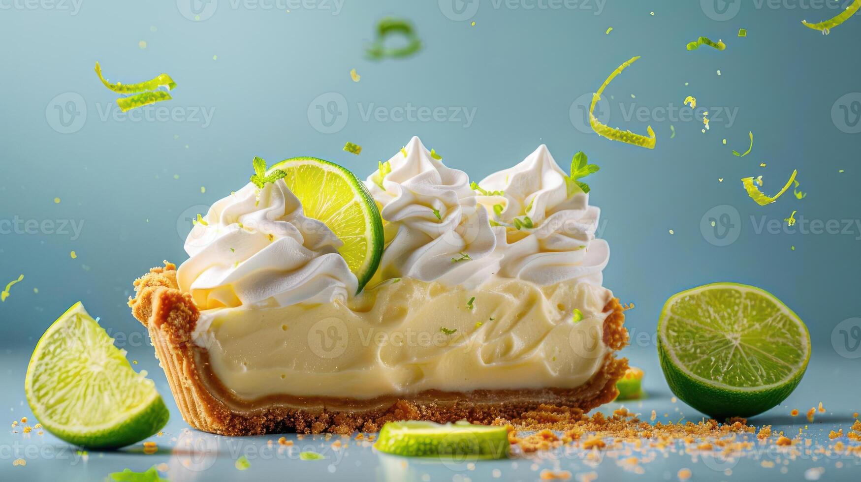a slice of lime pie with whipped cream and limes around it photo