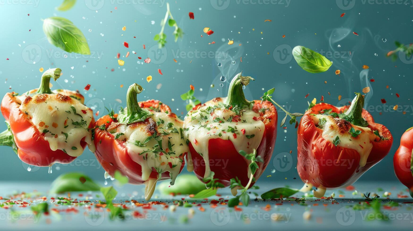 a group of red peppers with cheese and herbs photo