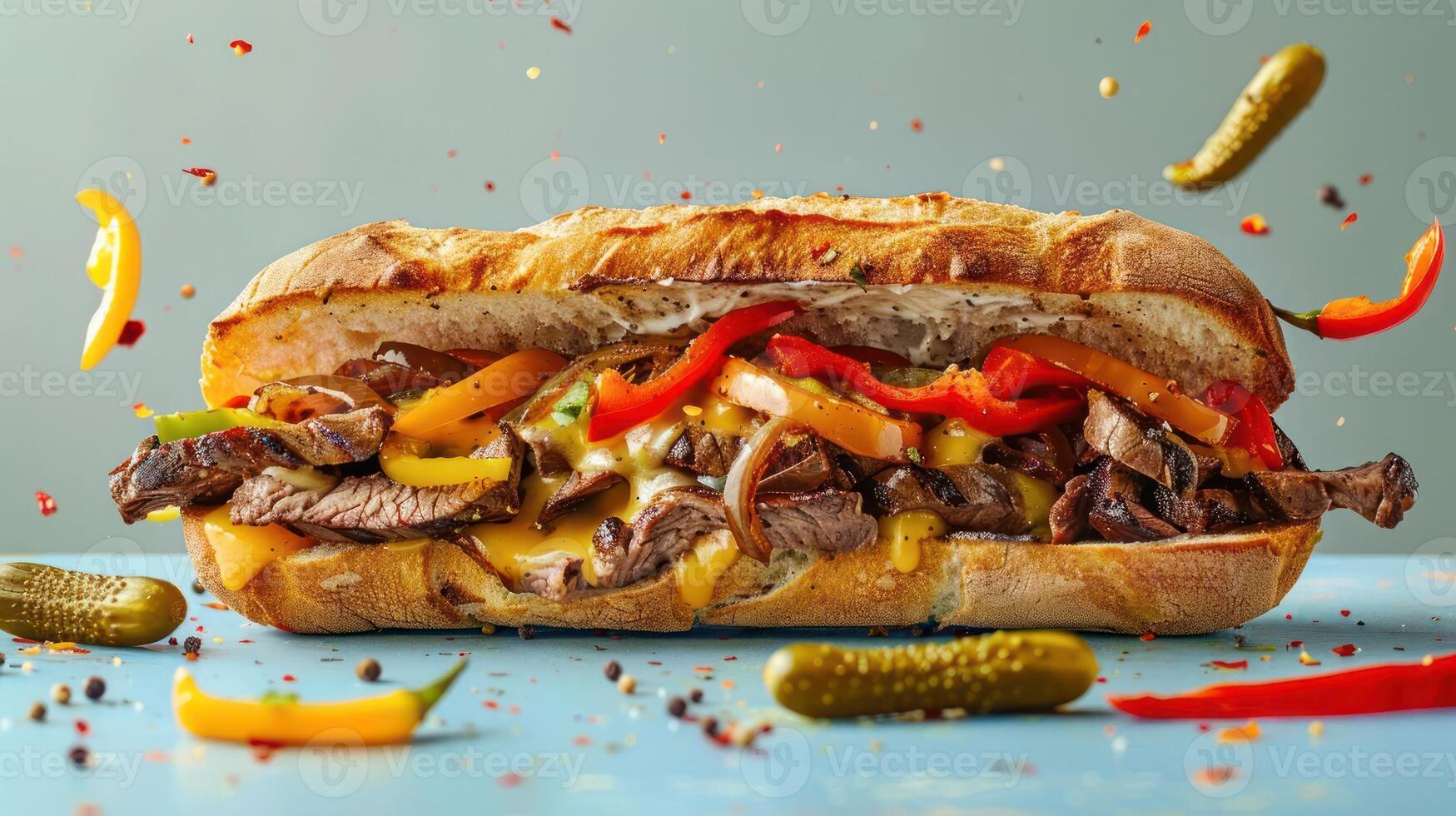 a sandwich with meat, cheese, peppers, and pickles photo