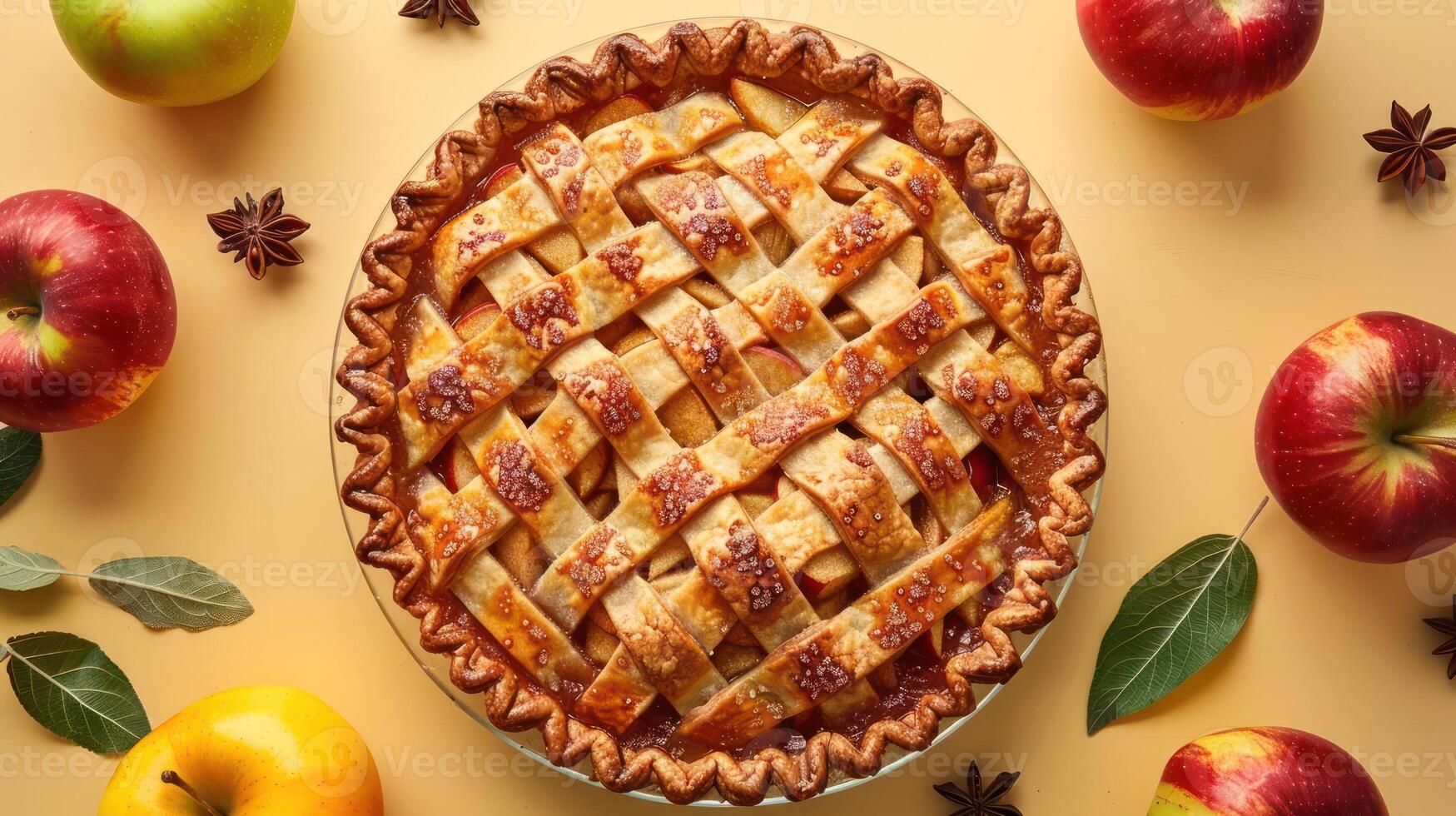 a pie sitting on top of a table surrounded by apples photo