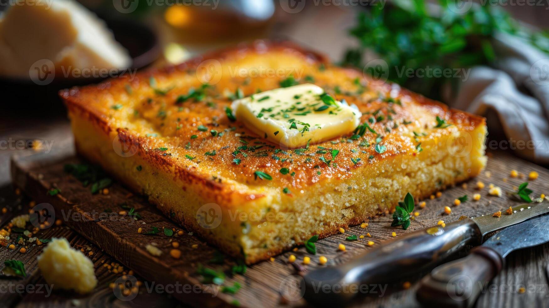 a piece of bread with butter and parsley on it photo