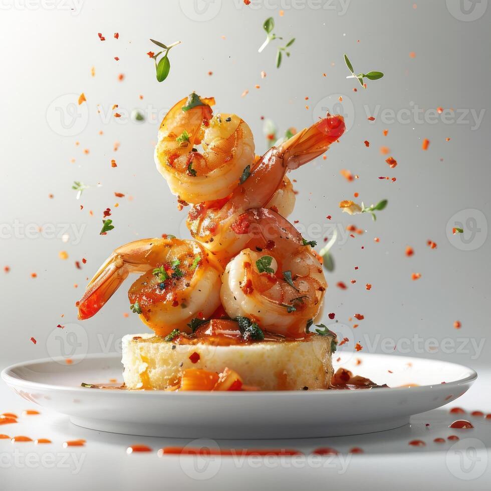 a plate of food with shrimp and sauce on it photo