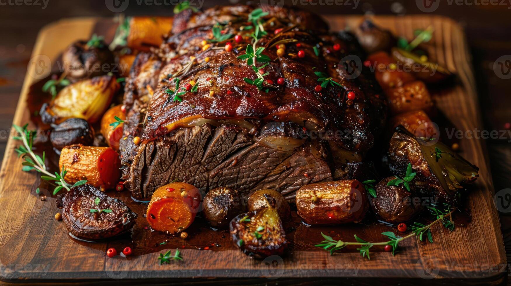 a large roast of meat and vegetables on a cutting board photo