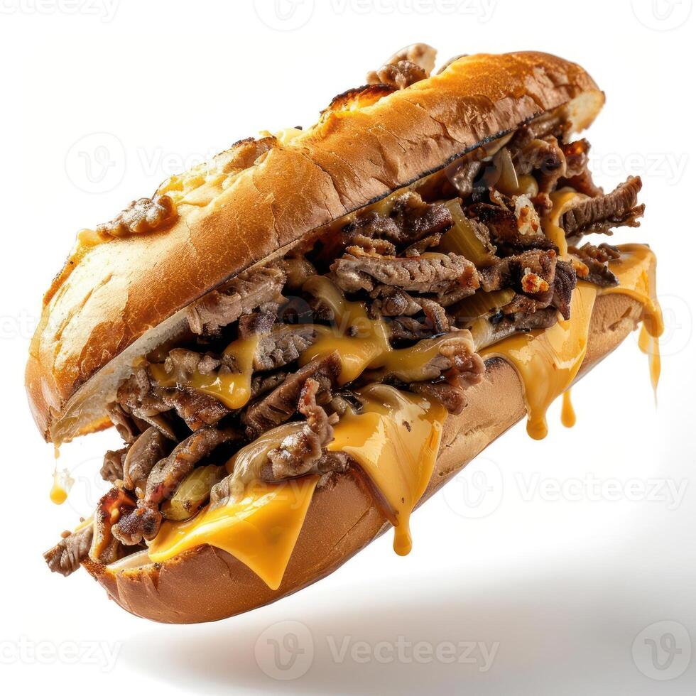 a close up of a sandwich with meat and cheese on a bun photo