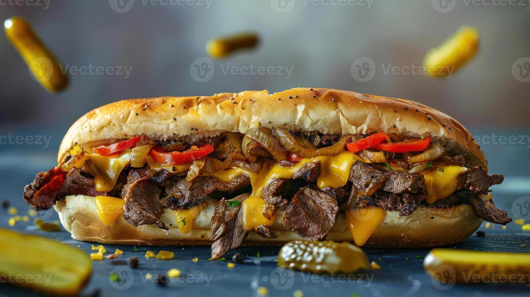a sandwich with meat and cheese on it with pickles photo