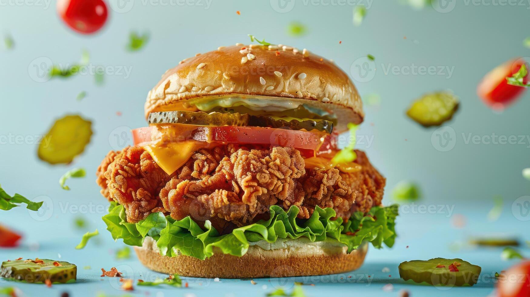 a close up of a chicken sandwich with lettuce, tomato, and pickles photo