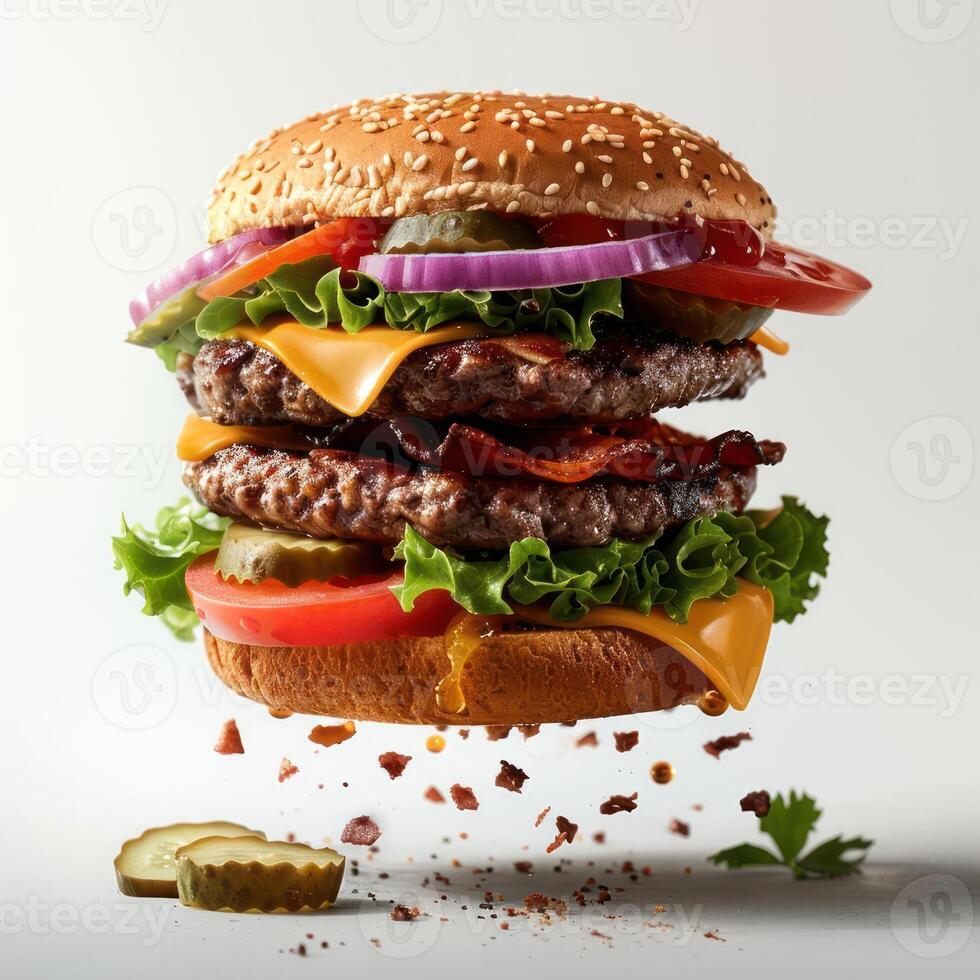 araffe with cheese, tomato, lettuce, and pickle flying in the air photo
