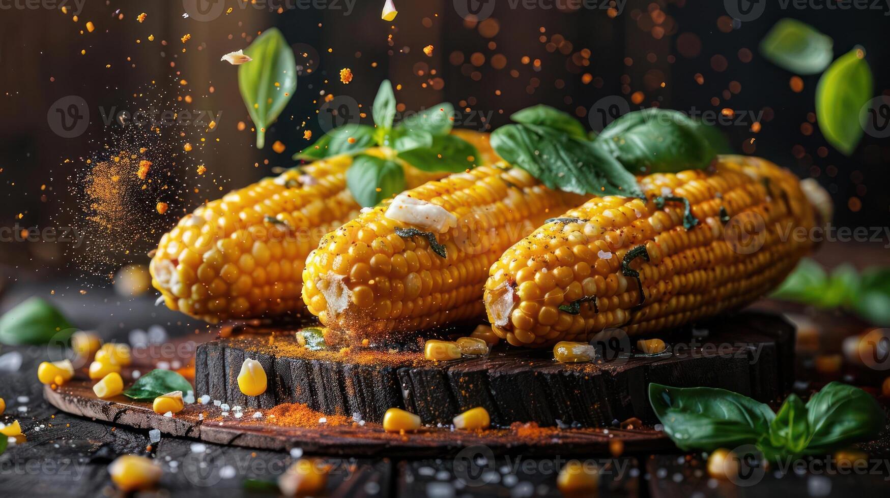 corn on the cob with leaves and spices on the table photo