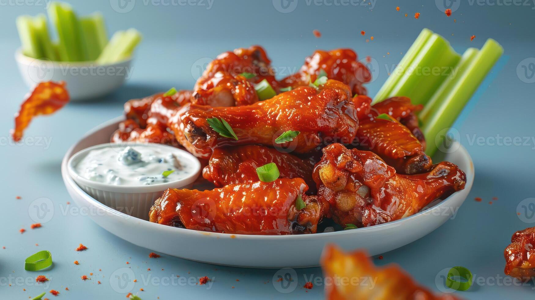 wings and celery sticks in a bowl with dip photo