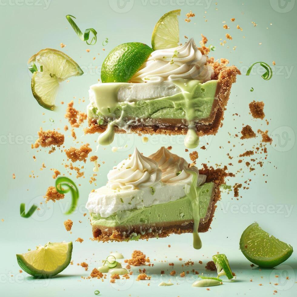 two slices of pie with whipped cream and lime slices photo