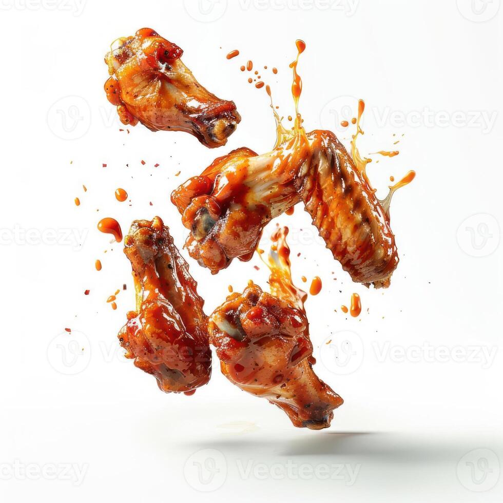 wings are flying in the air with sauce on them photo