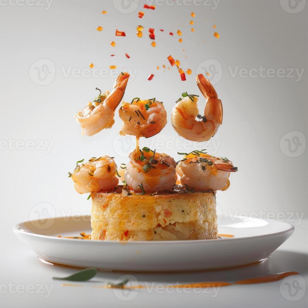 shrimp on a plate with a piece of bread and sauce photo