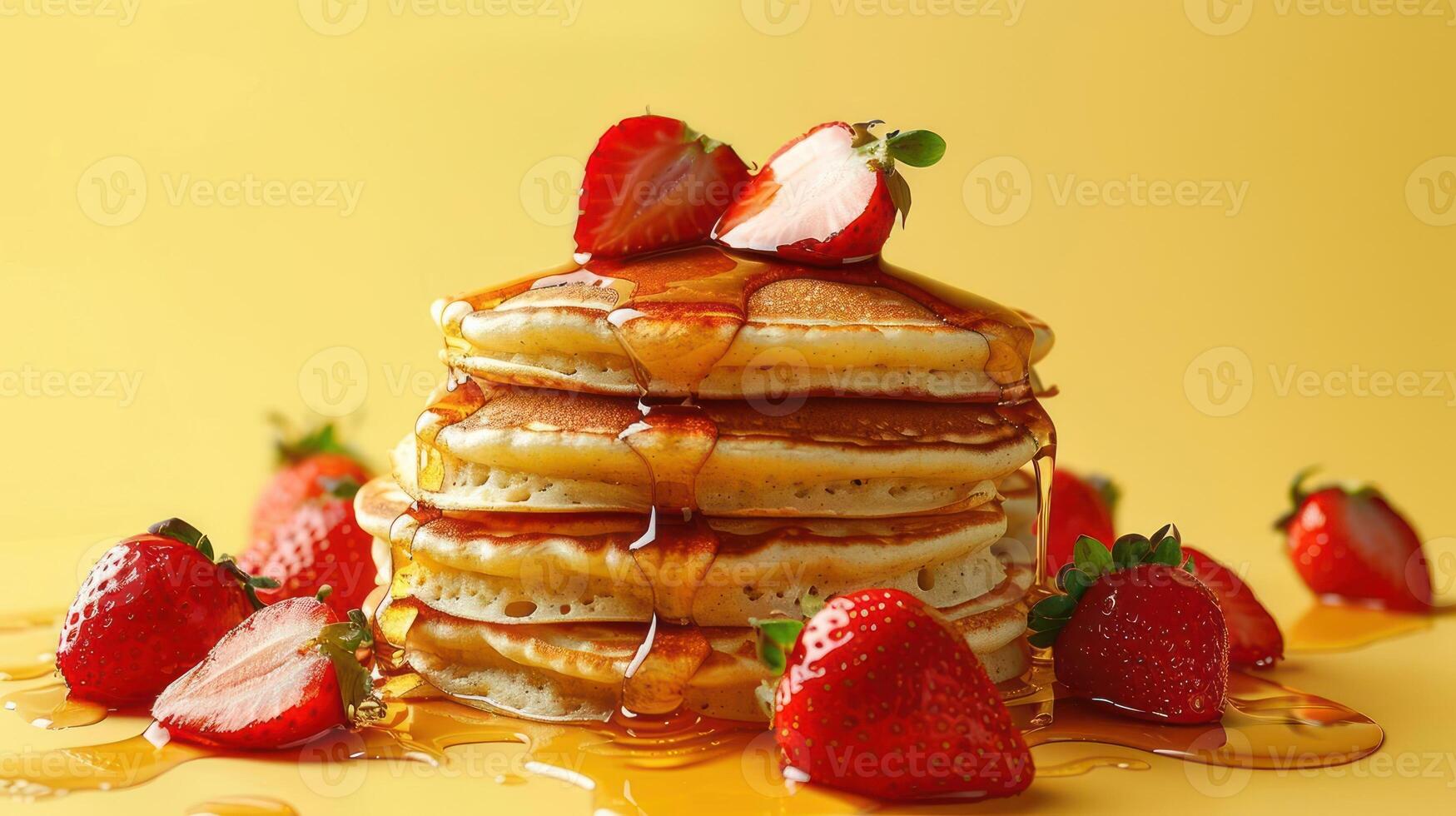 araffe with syrup and strawberries on top of a stack of pancakes photo