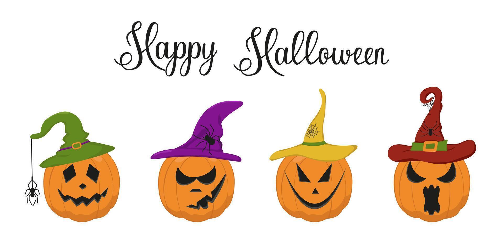 set of Halloween pumpkins in witch hats. Color image of festive pumpkins with spiders. Set of icons with vegetables and text. vector