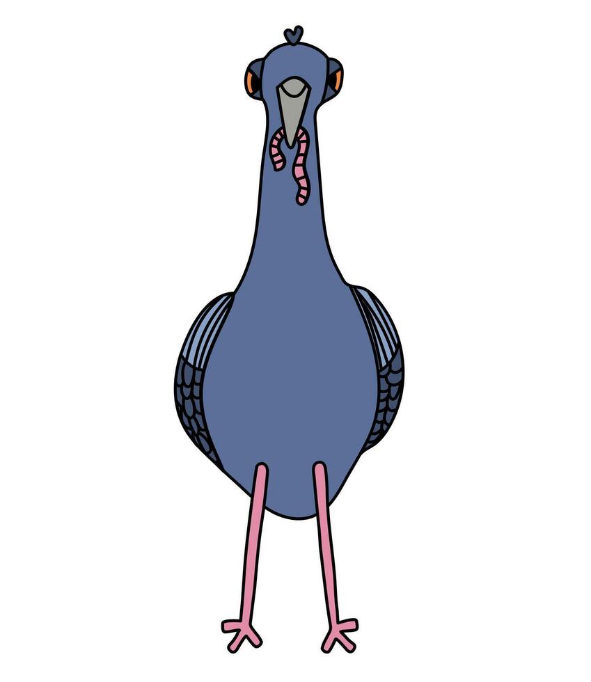Illustration of a dove with a worm in its beak in cartoon style on a white background. vector