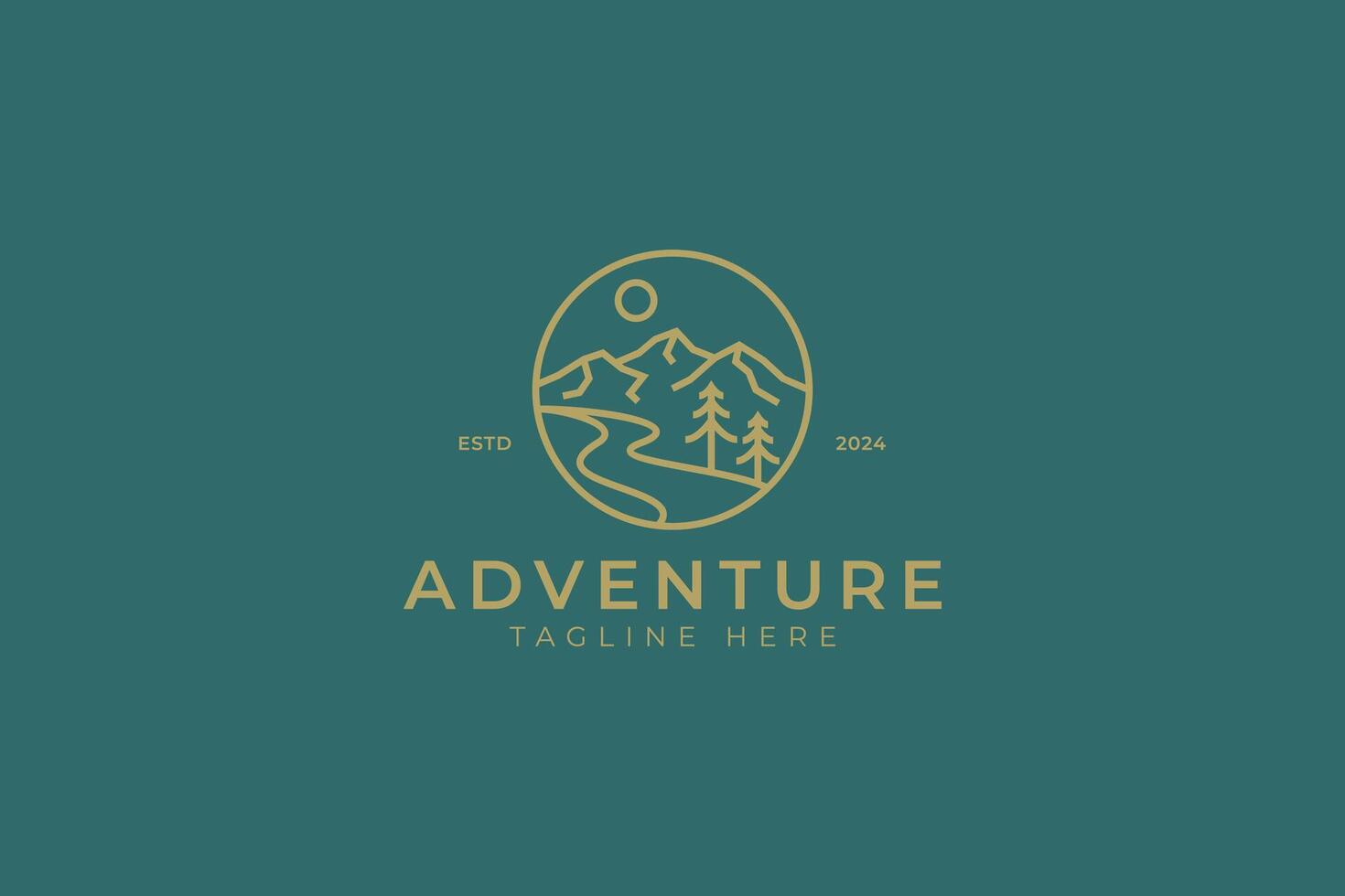 Scenic Adventure Logo Badge Design Featuring Mountains, River and Trees Illustration Element vector