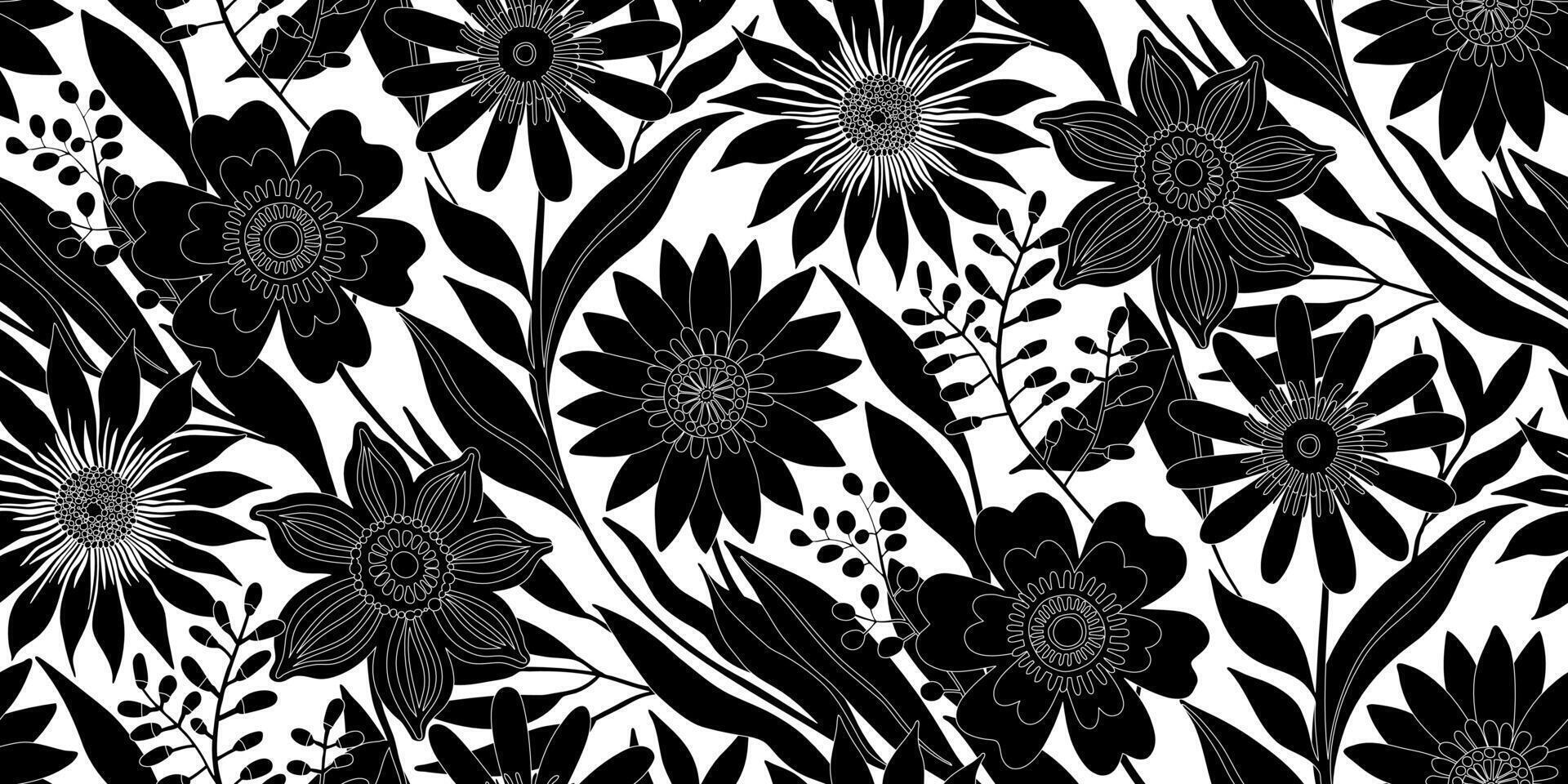 Half drop Floral Seamless Pattern of Silhouettes of Fantasy Flowers and Leaves - Black on White Backdrop. Wallpaper Design for Textiles, Fabrics, Papers, Fashion Prints, Beauty Products, Wrappings. vector