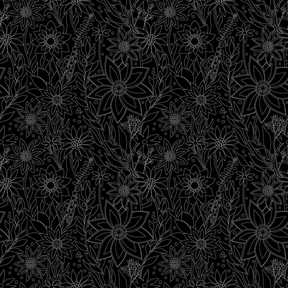 Floral Seamless Pattern of Flower Field in Line Art style, White Thin Outline on Black Background. Wallpaper Design for Textiles, Papers, Prints, Beauty Products. vector