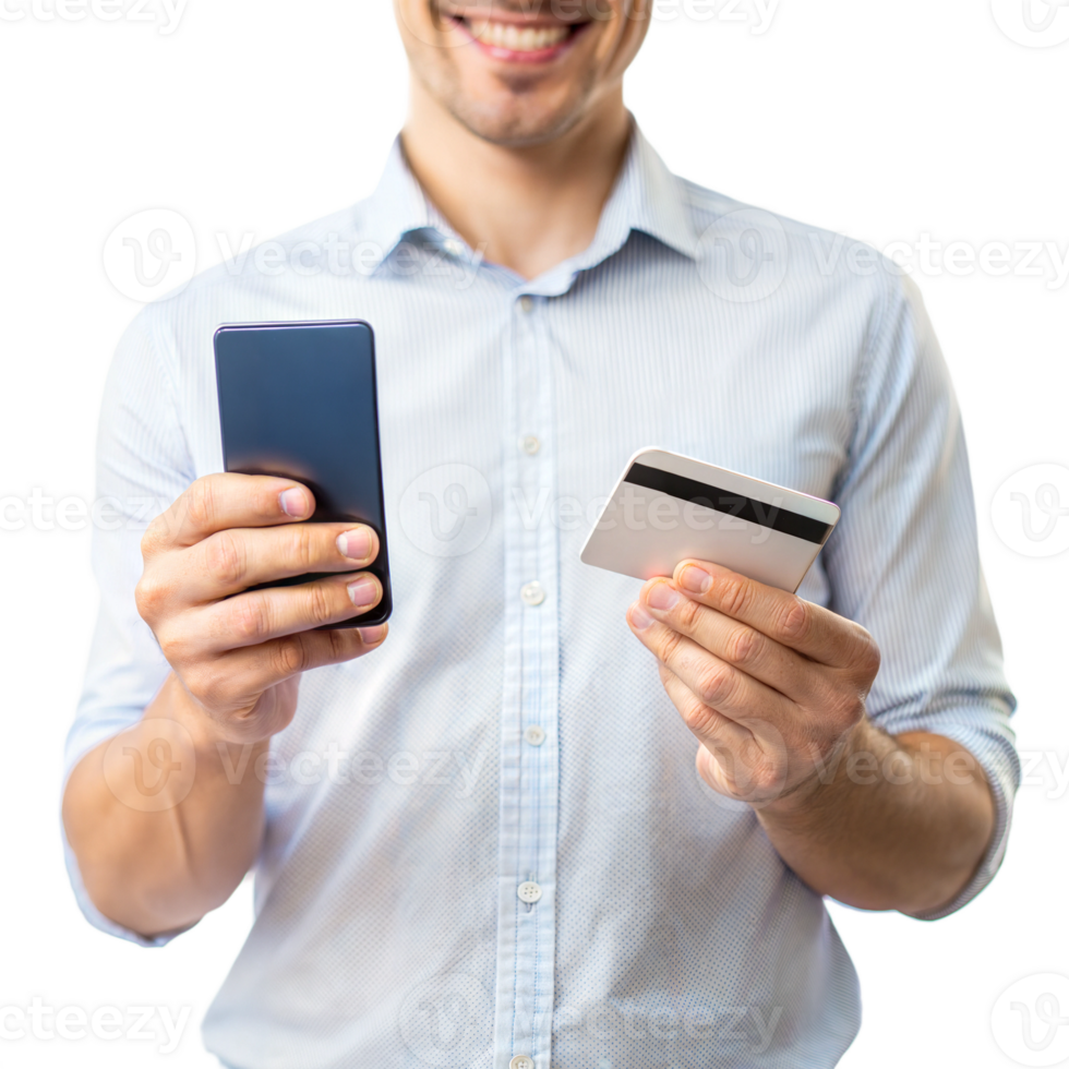 Man holding credit card and smartphone png
