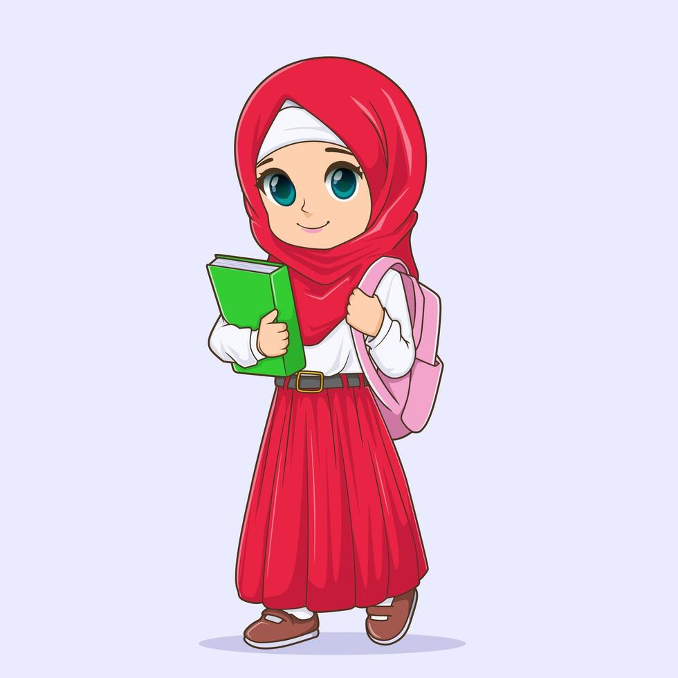 Cute Indonesian elementary school student girl character with hijab and carrying a backpack. cartoon illustration vector