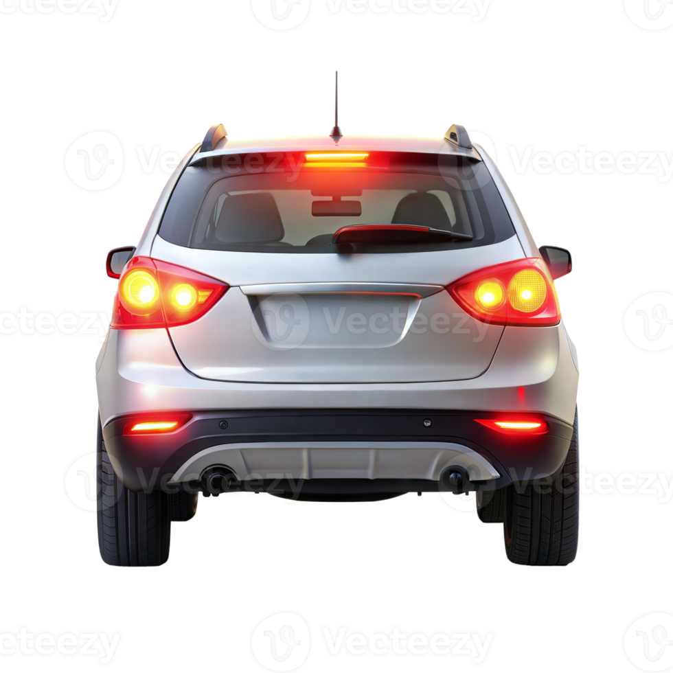 Rear view of a modern car with brake lights on png