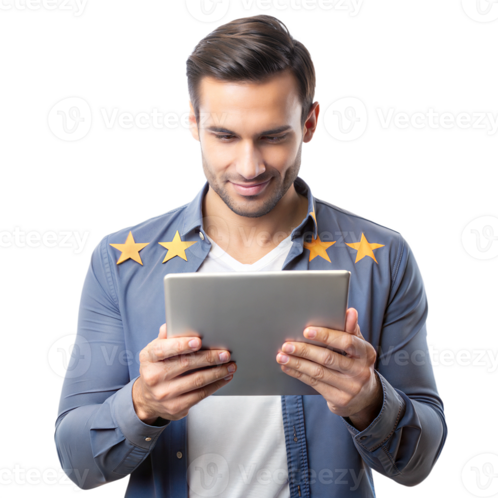 Man holding tablet, interacting with screen png