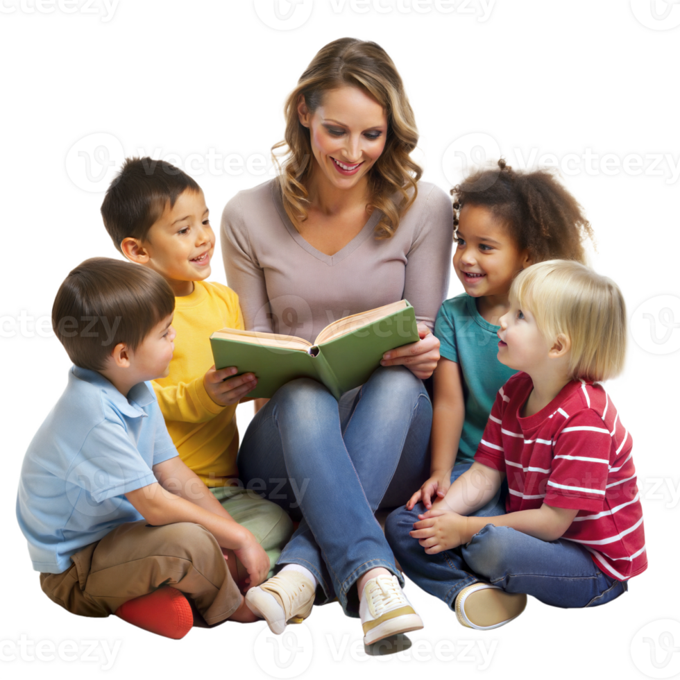Mother reading a book to a group of five children, enjoying a storytime together png