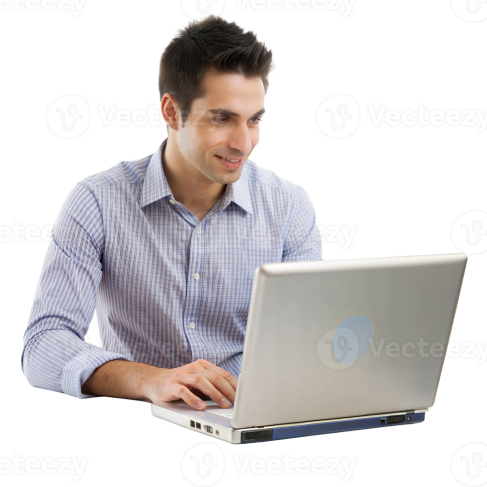 Man working on laptop in office png