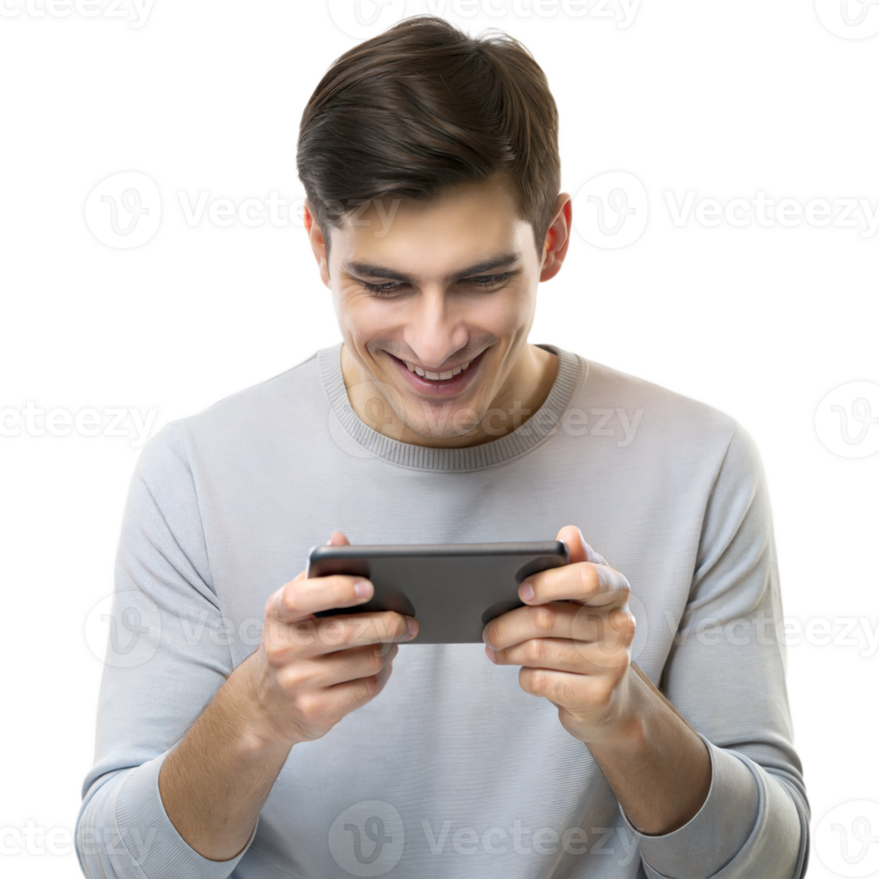 Man holding smartphone horizontally, playing mobile game png