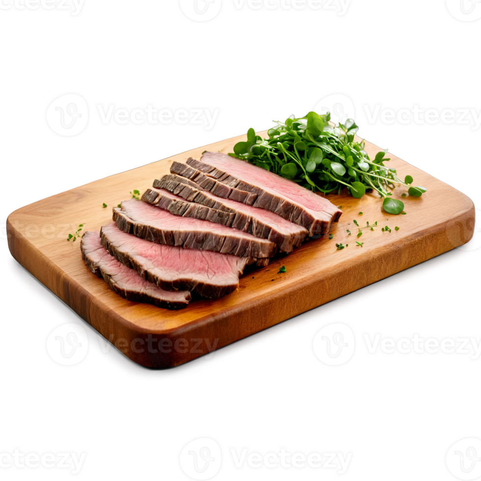 Roast Beef thinly sliced and artfully arranged on a wooden serving board with a few png