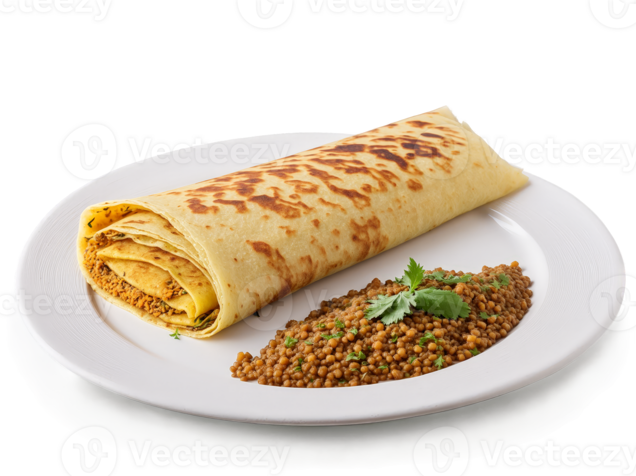 Masala dosa with fermented rice and lentil crepe potatoes and chutney on clean white surface png